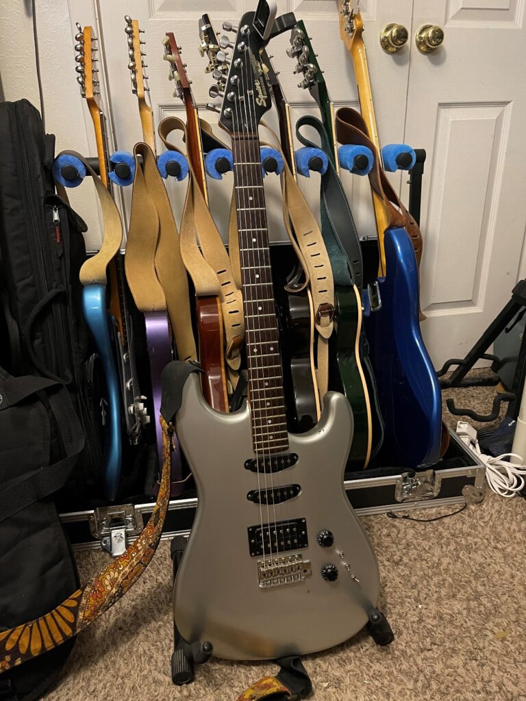 A silver Squier Contemporary Stratocaster